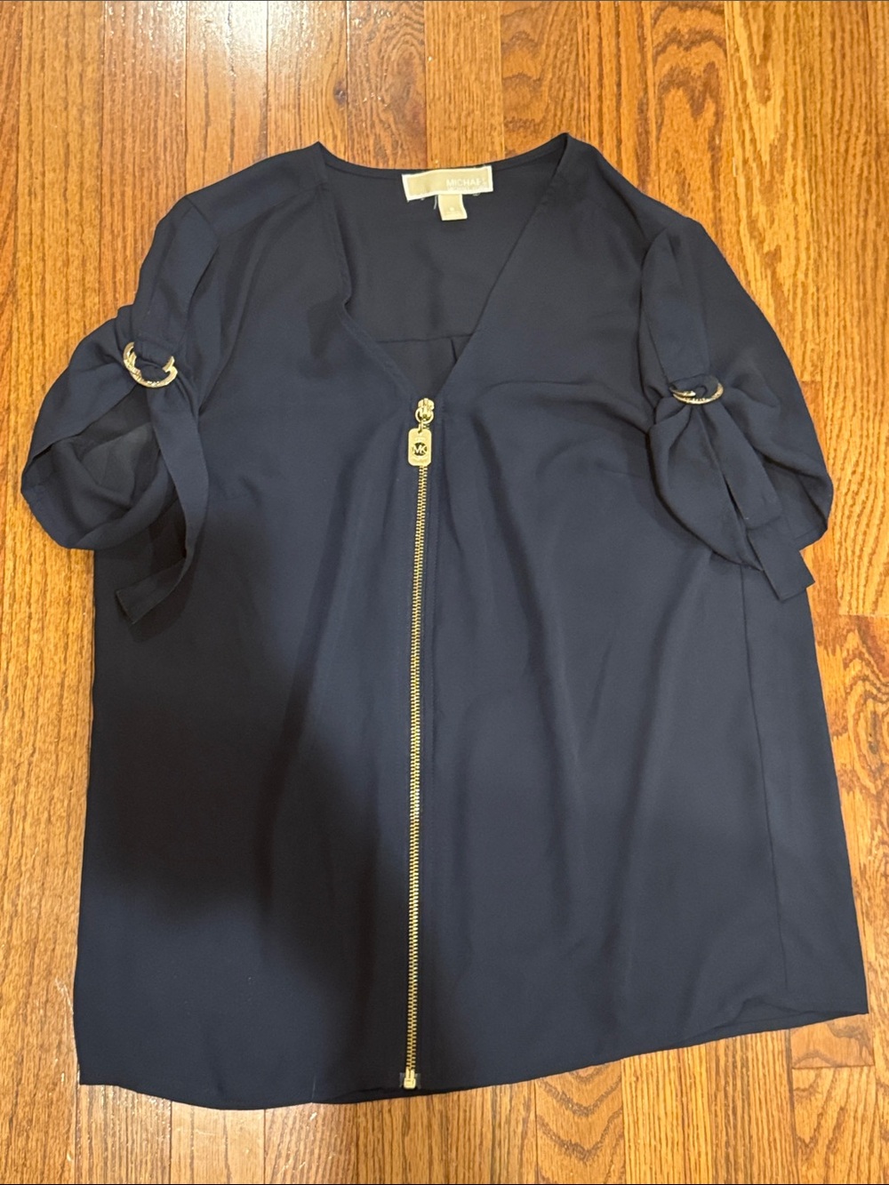 MICHAEL Michael Kors Navy Zip-Front V-Neck Top with Gold Hardware
